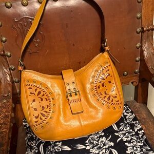 Vintage Hype Two Toned, Tooled Leather Shoulder Bag Brass Detailing